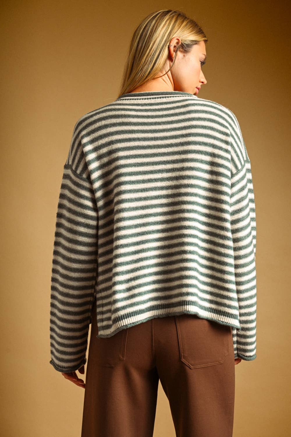Miou Muse | Striped Pattern Rolled Neck Detail Top