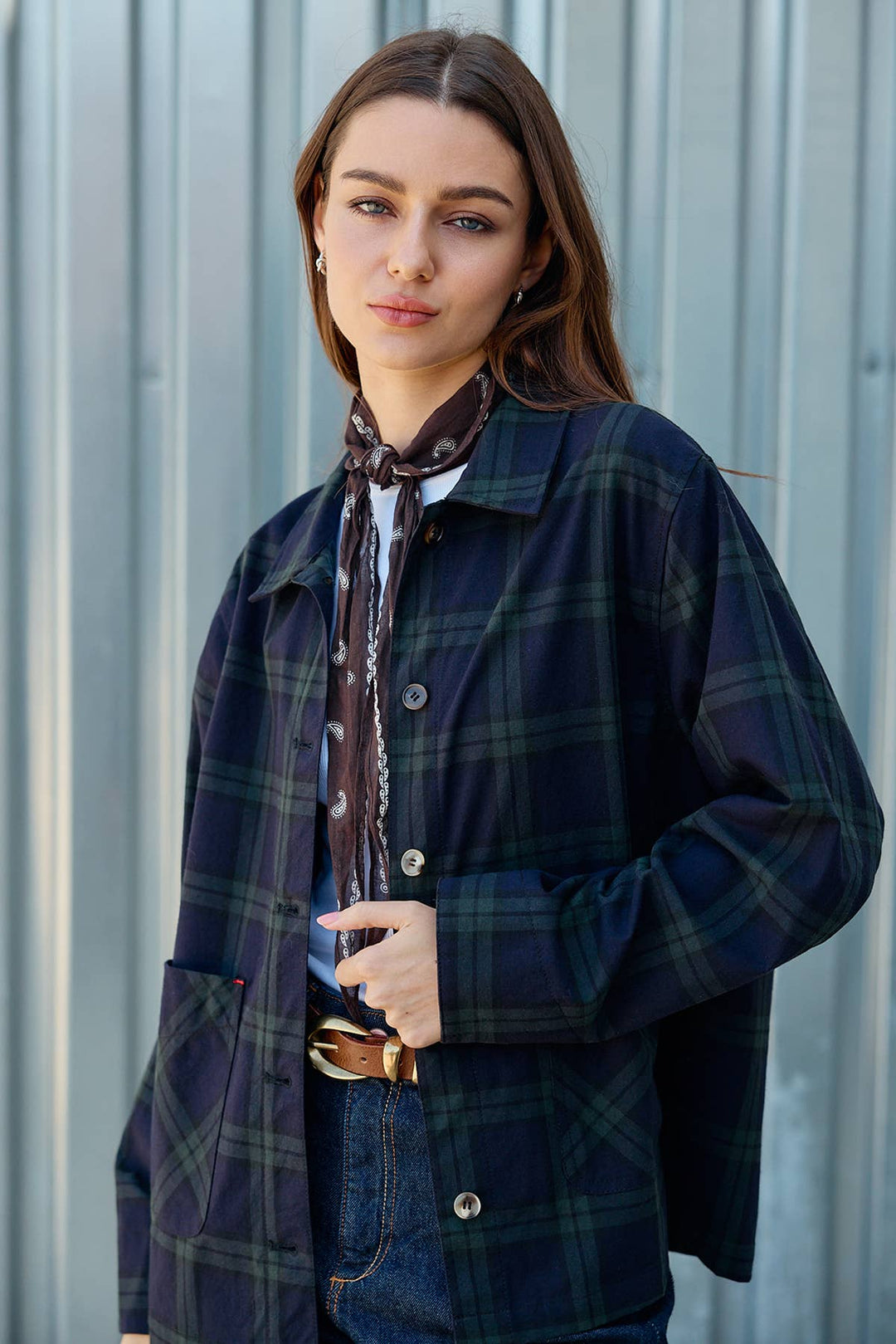 Raisonnel | Navy Plaid Button Front Pocket Jacket