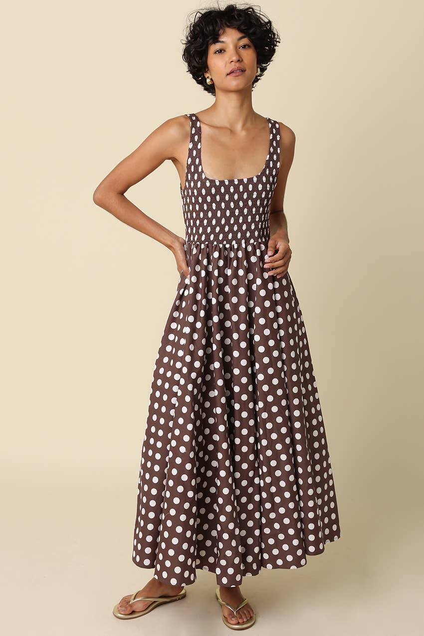 Olivaceous | Eileen Polka Dot Smock Maxi Dress