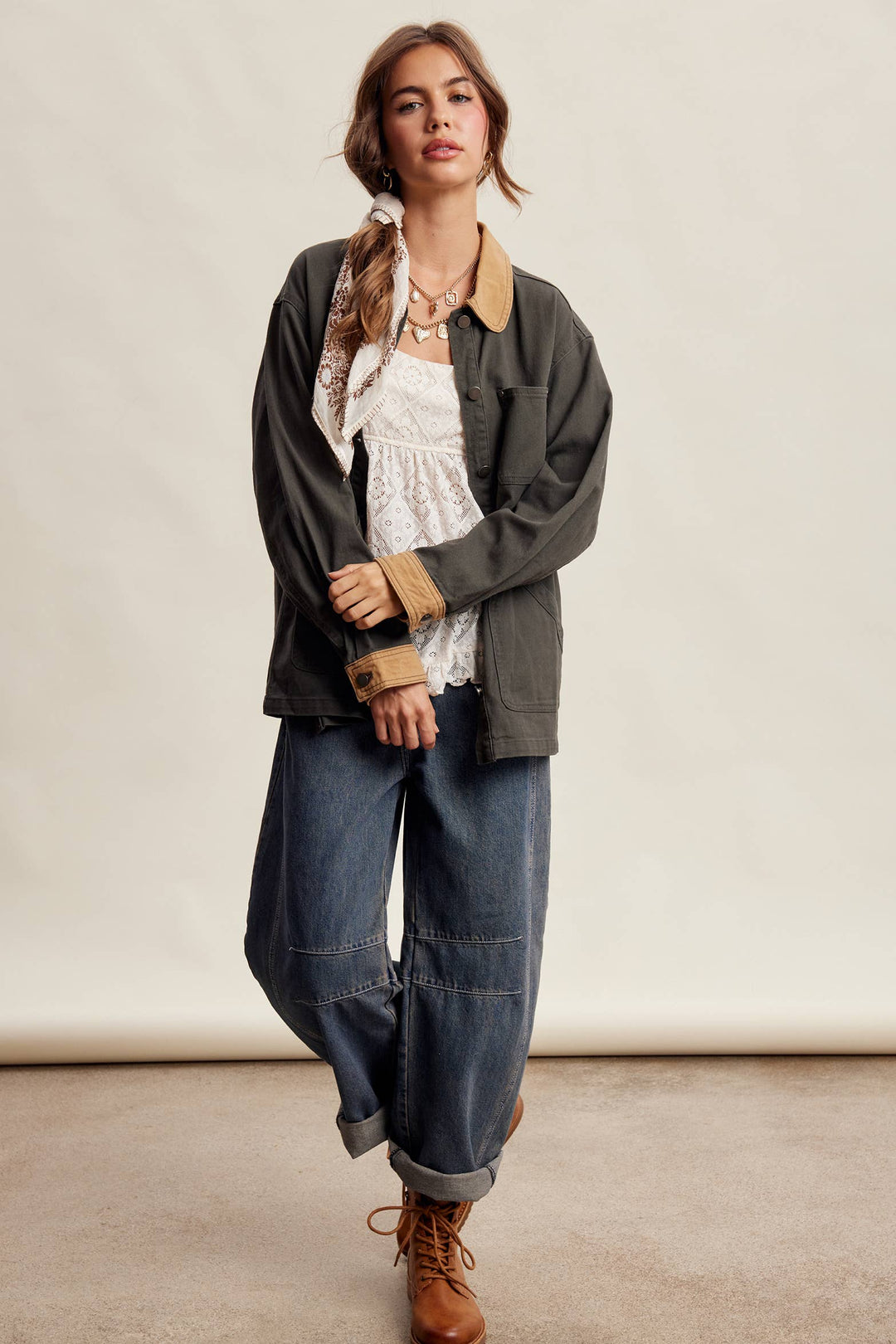 Listicle | Contrast Collar Utility Barn Jacket LJ0271