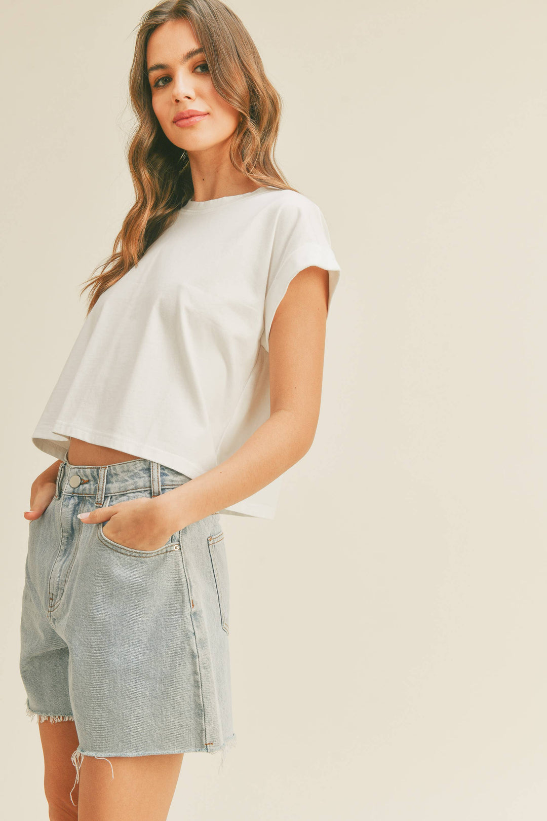 Miou Muse | Round Neck Cuffed Sleeve Top