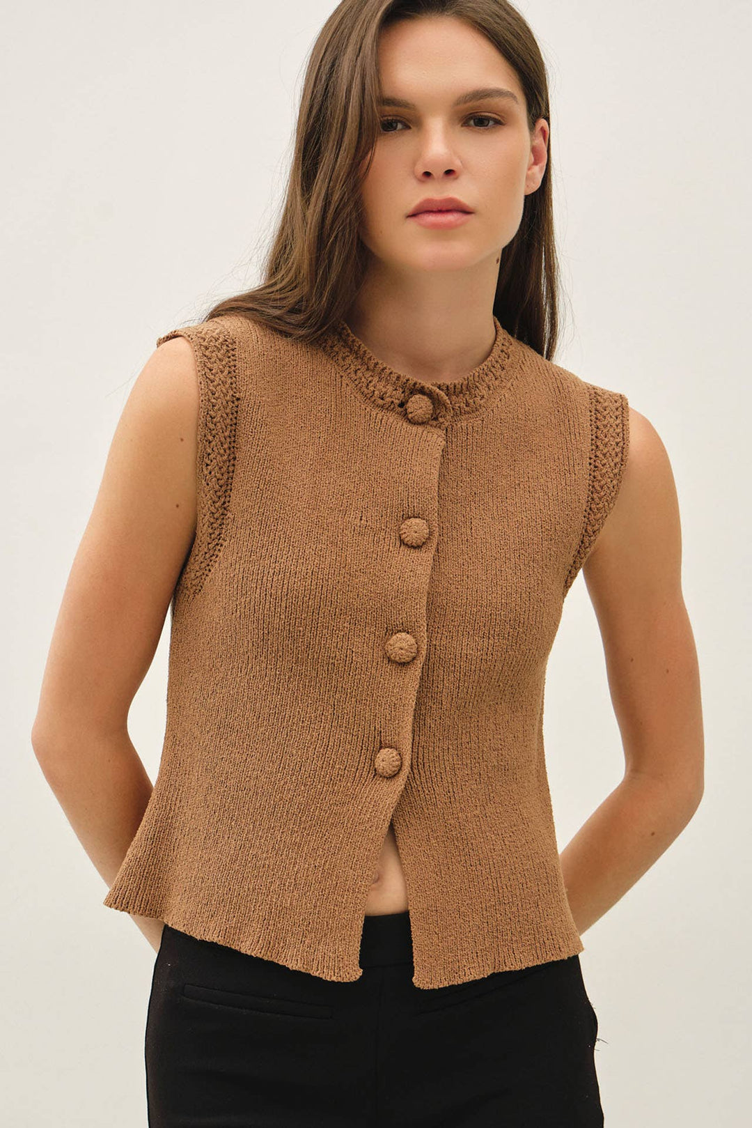 Be Cool | Corchet Trim Button Up Sweater Vest