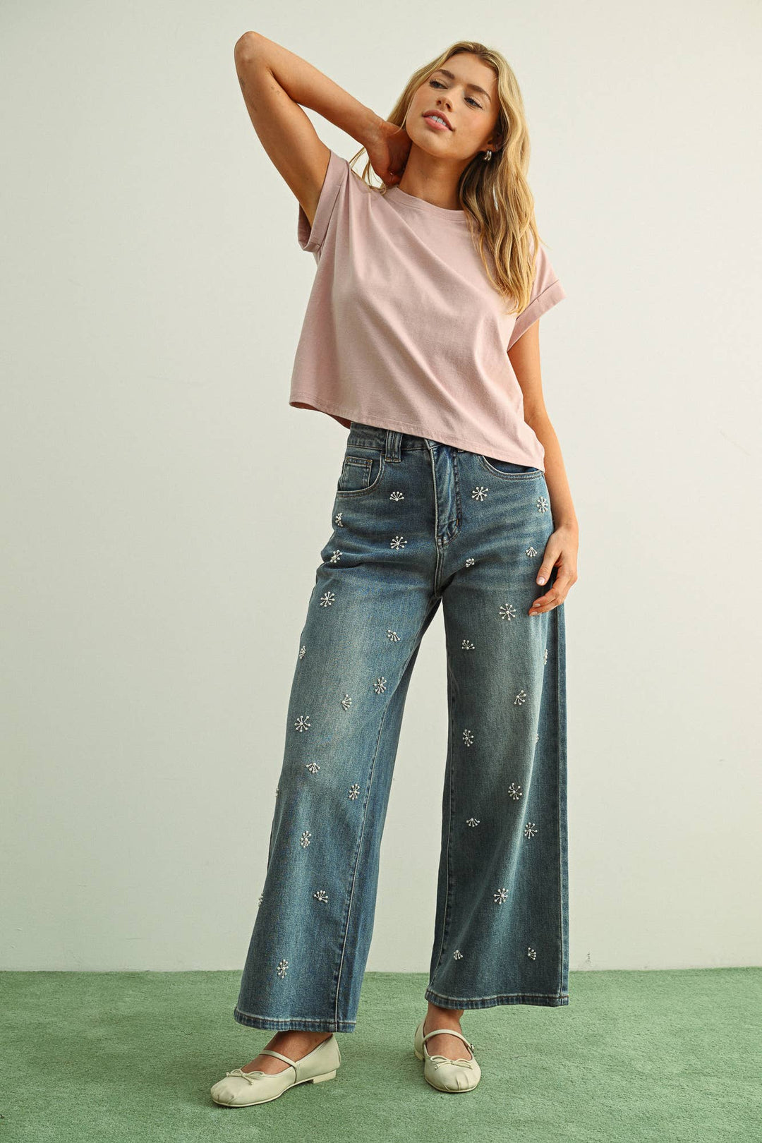 Miou Muse | Round Neck Cuffed Sleeve Top