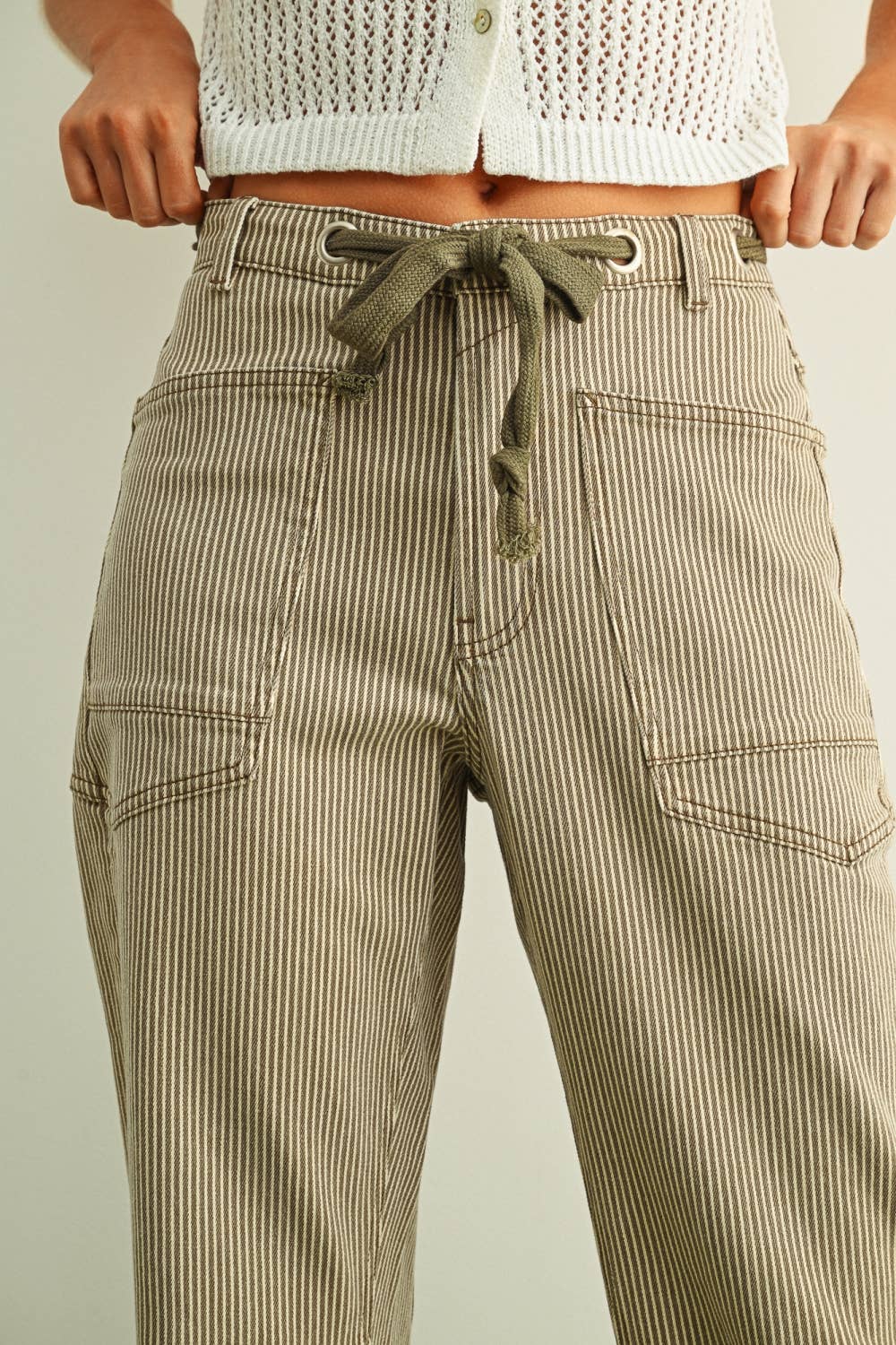 Miou Muse | Striped Pattern Washed Barrel Pants With Tie Belt