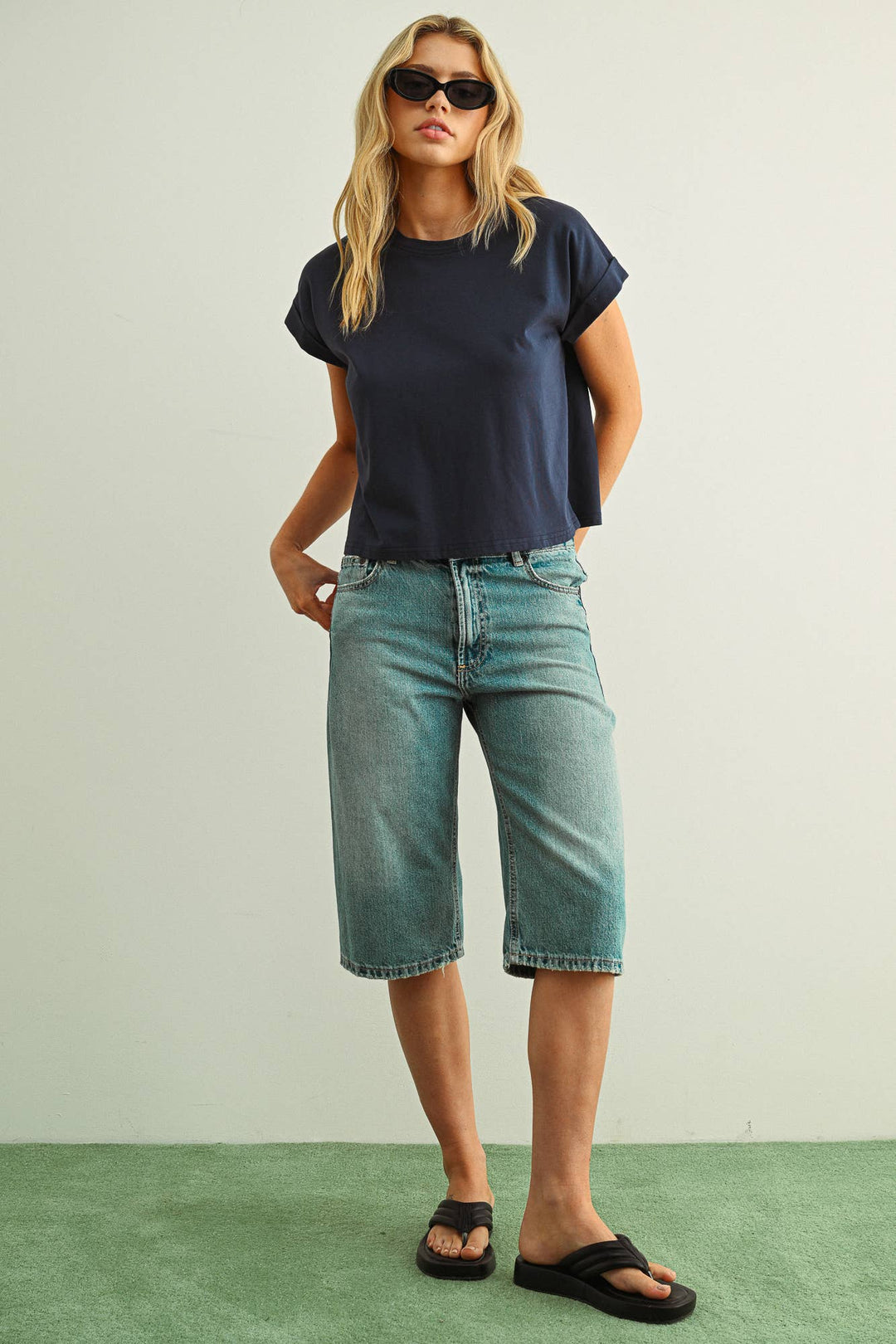 Miou Muse | Round Neck Cuffed Sleeve Top