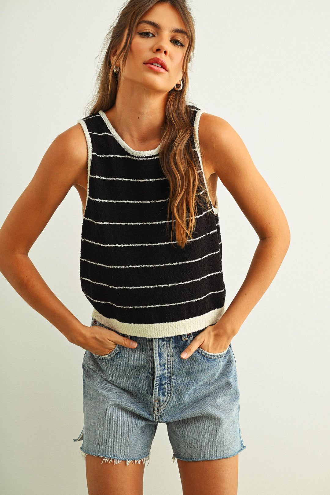 Miou Muse | Short Sleeve Wide Pinstripe Knitted Tank