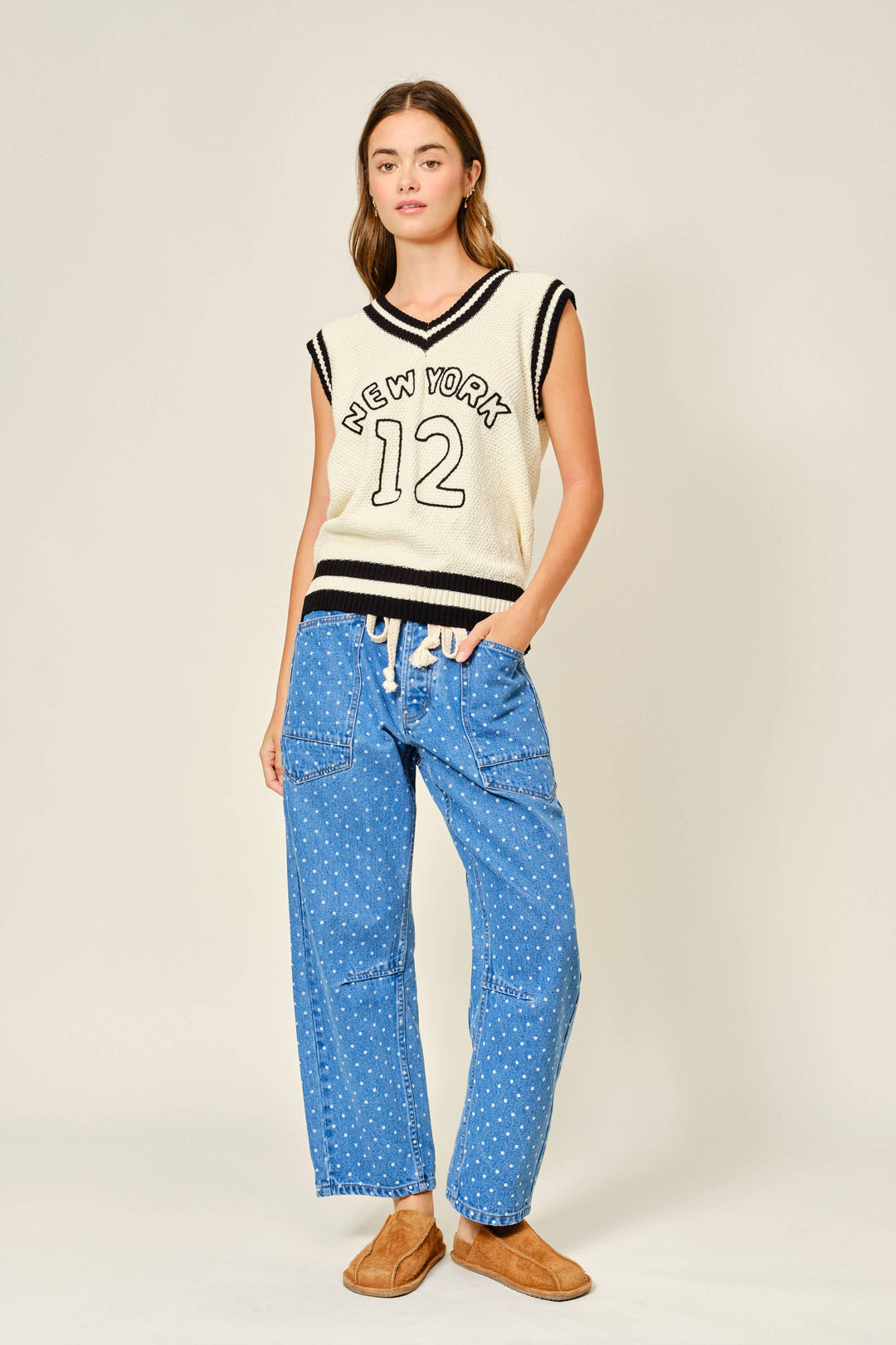 Aaron and Amber | Polka Dot Denim Barrel Pants