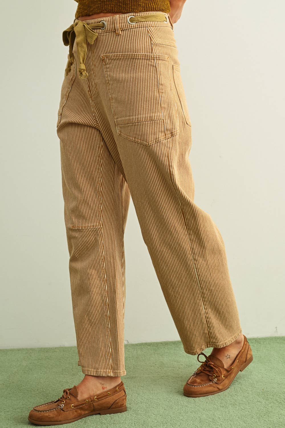 Miou Muse | Striped Pattern Washed Barrel Pants With Tie Belt