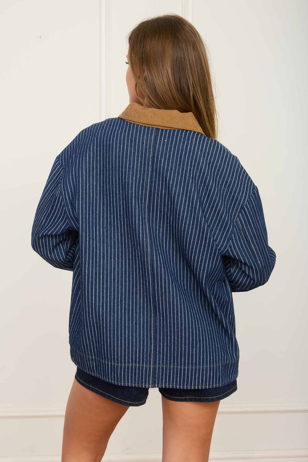 Blu Pepper | Stripe Corduroy Collar Denim Shacket