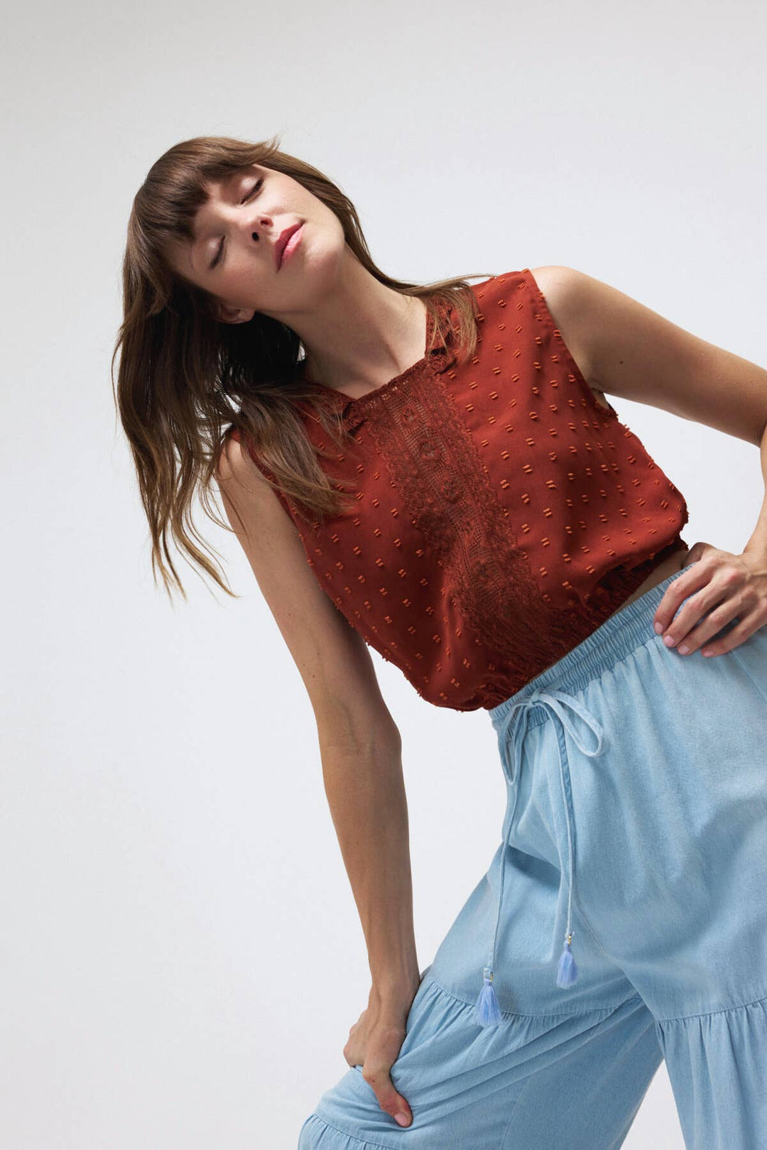 Lara Daisy | Square Neck Lace Trim Elastic Waist Blouse Top
