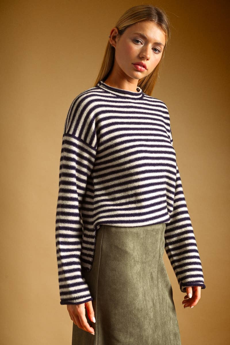 Miou Muse | Striped Pattern Rolled Neck Detail Top