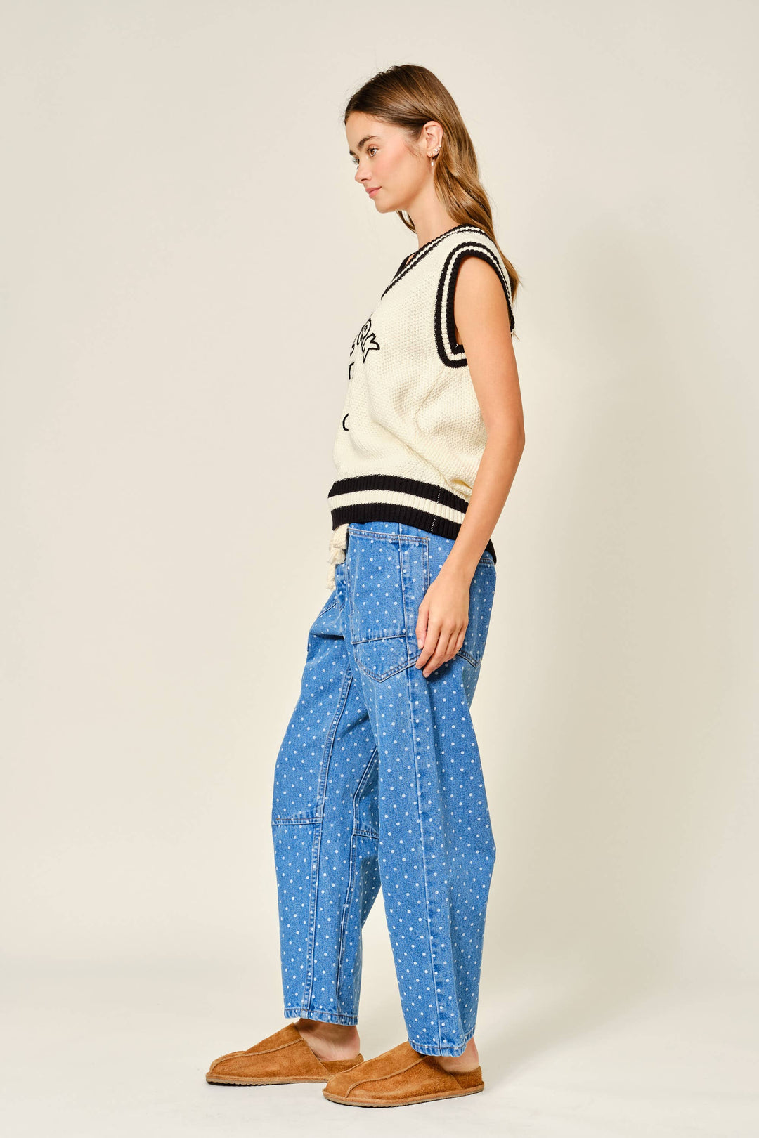 Aaron and Amber | Polka Dot Denim Barrel Pants
