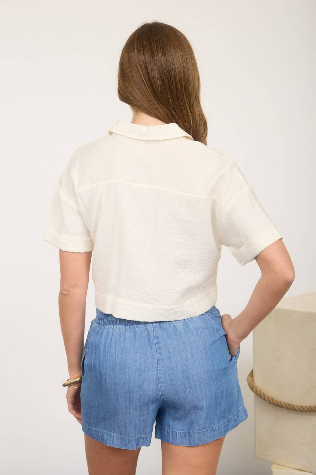Blu Pepper | Collared Button down Cuff Sleeve Crop Top