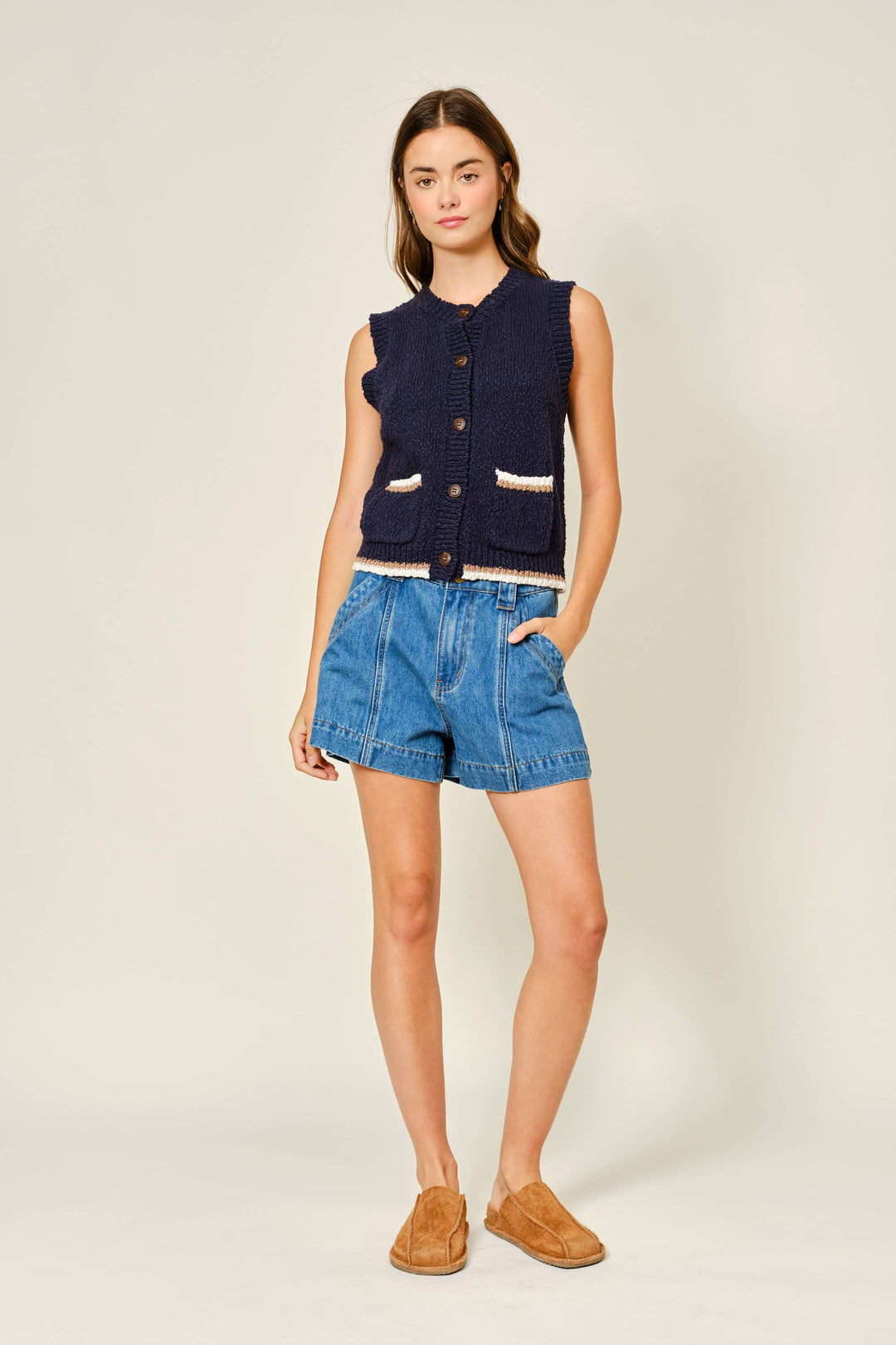 Aaron and Amber | Mid Rise Flare Denim Shorts