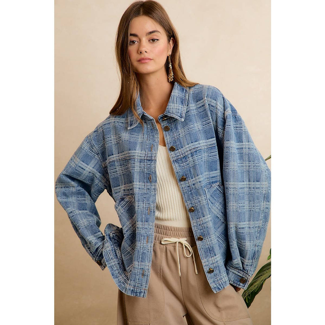 BiBi | Washed Plaid Patterned Denim Jacket With oversized Pockets