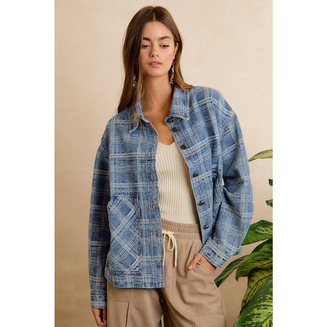 BiBi | Washed Plaid Patterned Denim Jacket With oversized Pockets