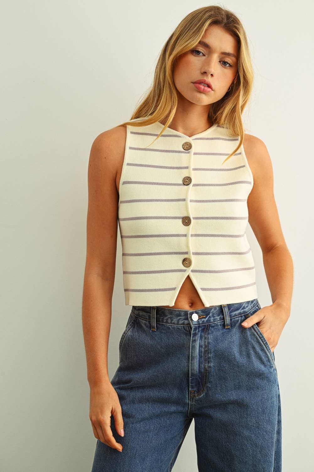 Miou Muse | Button Detail Stripe Pattern Knitted Vest
