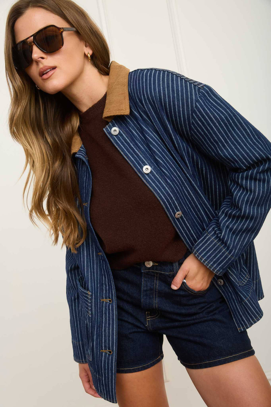 Blu Pepper | Stripe Corduroy Collar Denim Shacket