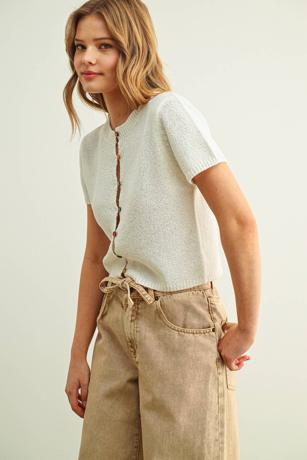 Miou Muse | Multi Button Detailed Short Sleeve Top