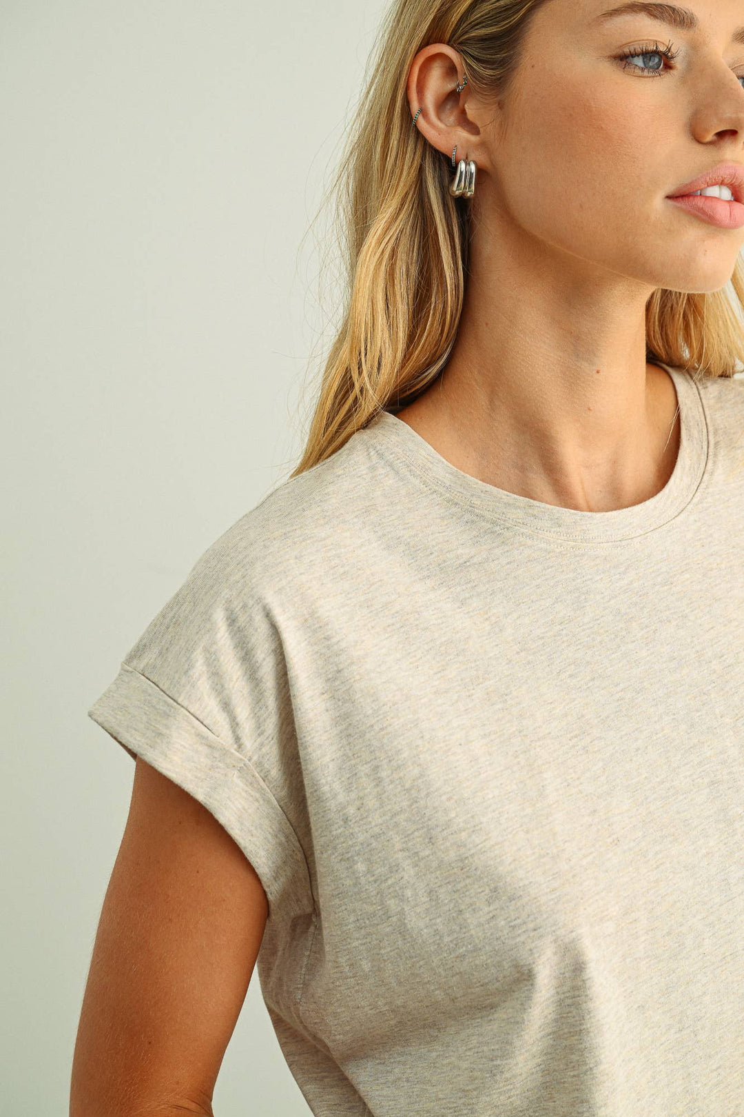 Miou Muse | Round Neck Cuffed Sleeve Top