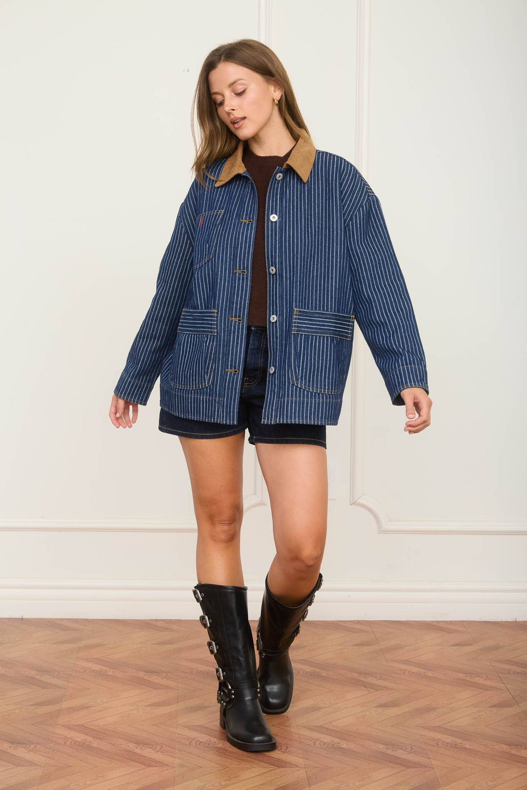 Blu Pepper | Stripe Corduroy Collar Denim Shacket