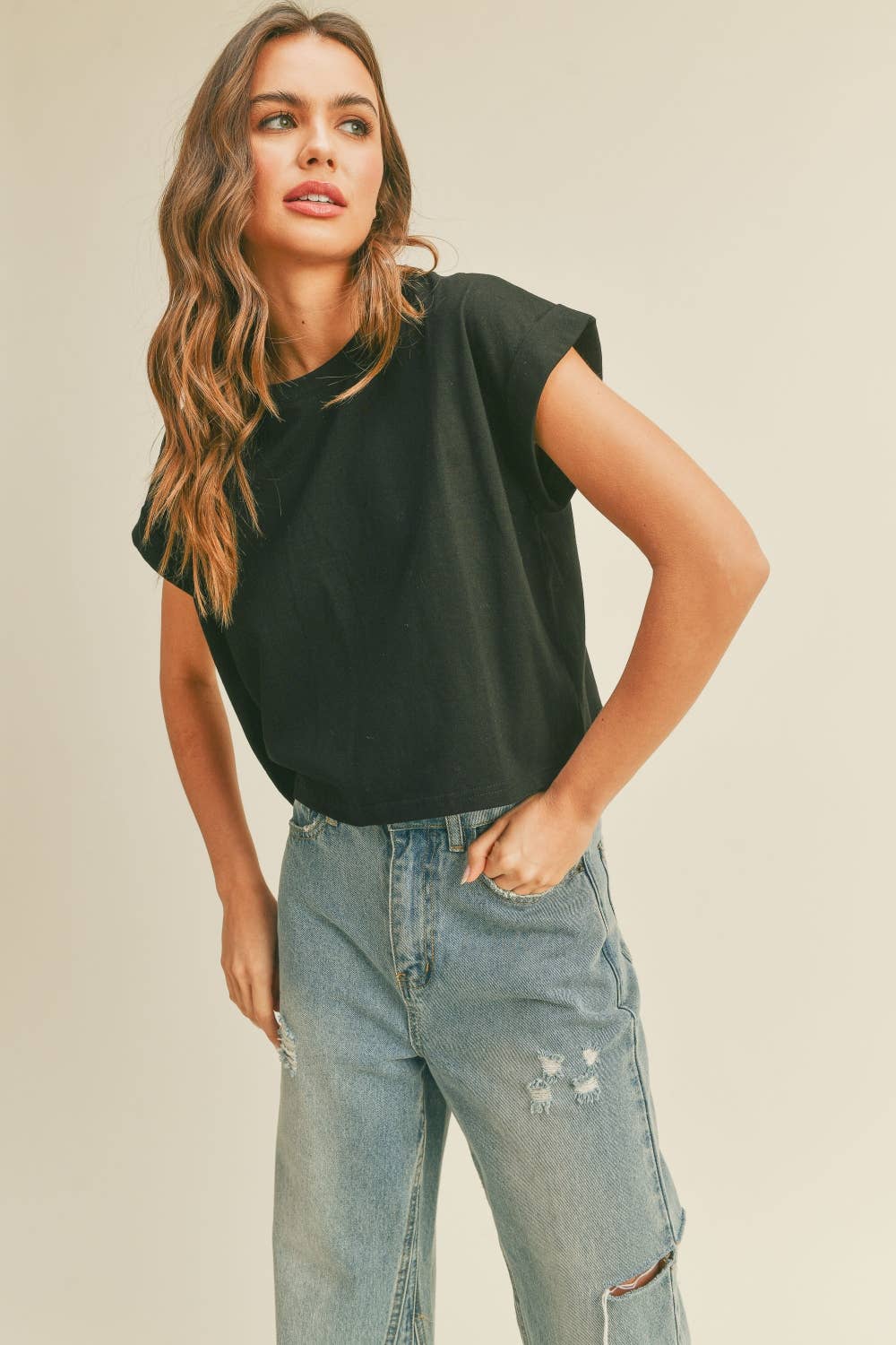Miou Muse | Round Neck Cuffed Sleeve Top