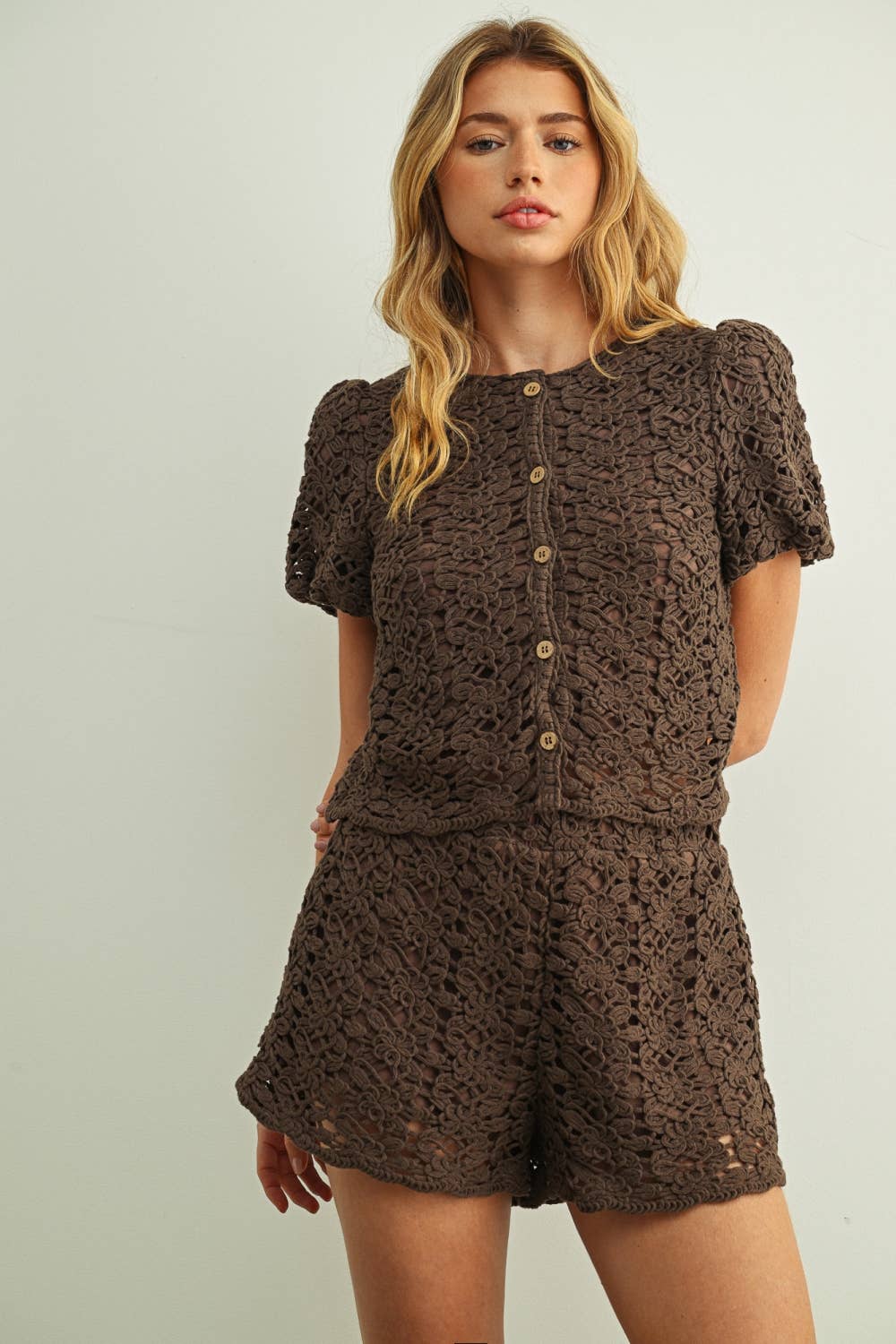 Miou Muse | Crochet Short Sleeve Button Front Top