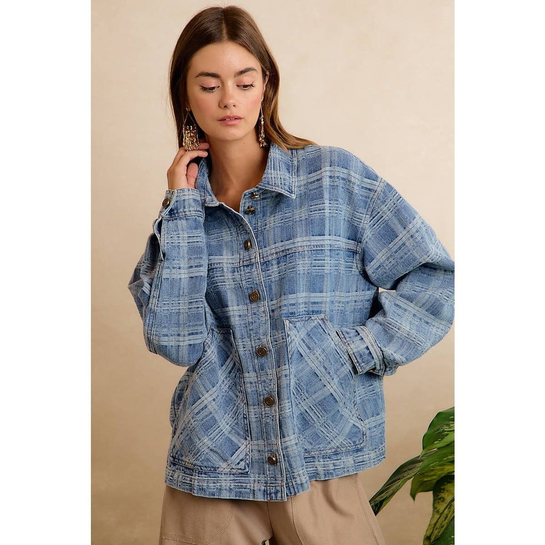 BiBi | Washed Plaid Patterned Denim Jacket With oversized Pockets