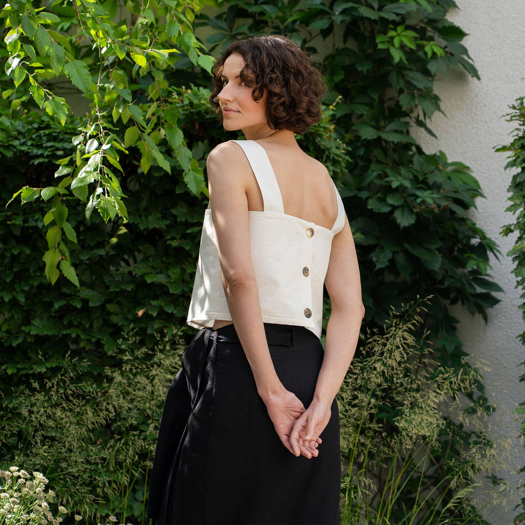 Menique | Linen Pinafore Crop Top with Back Buttons