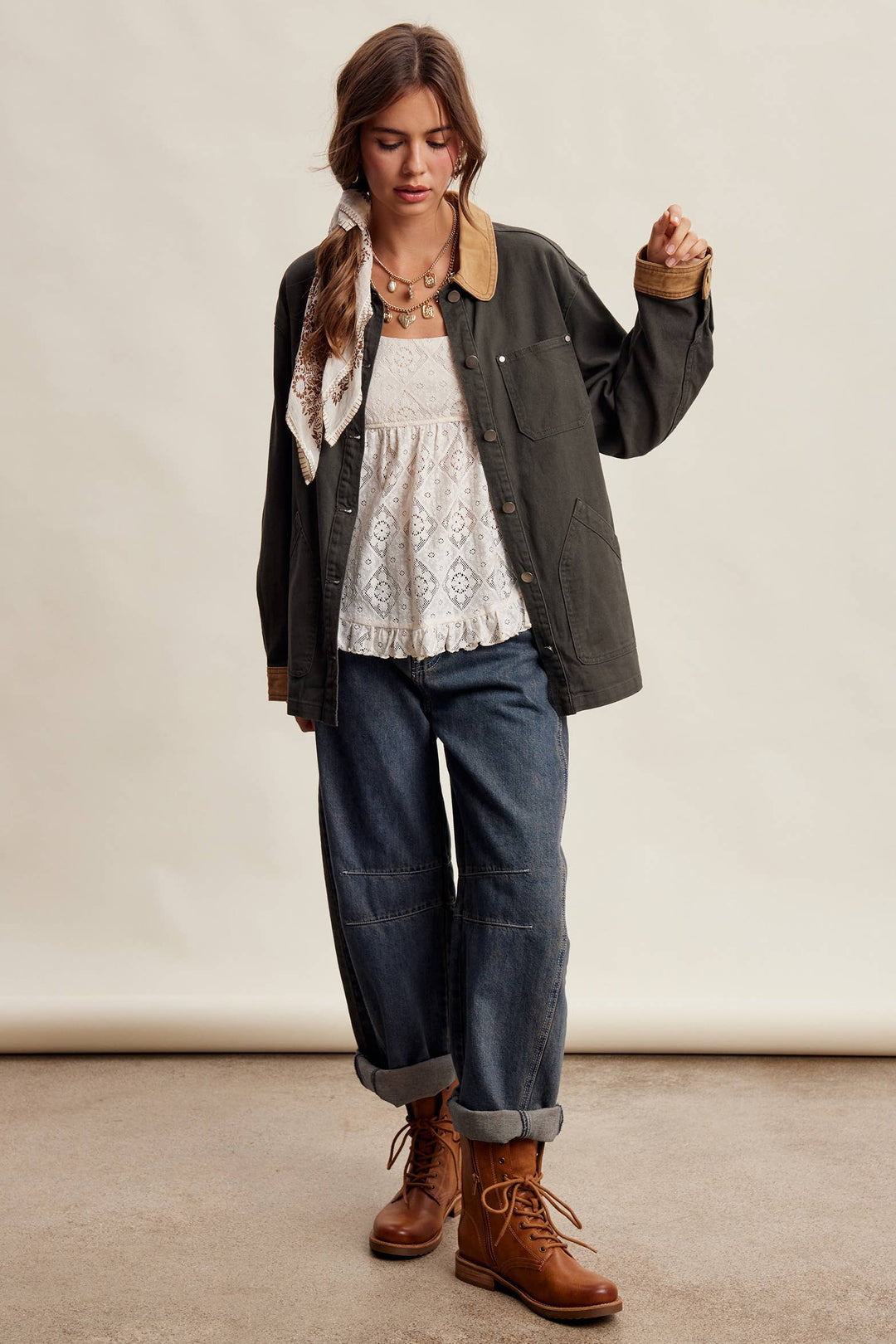 Listicle | Contrast Collar Utility Barn Jacket LJ0271