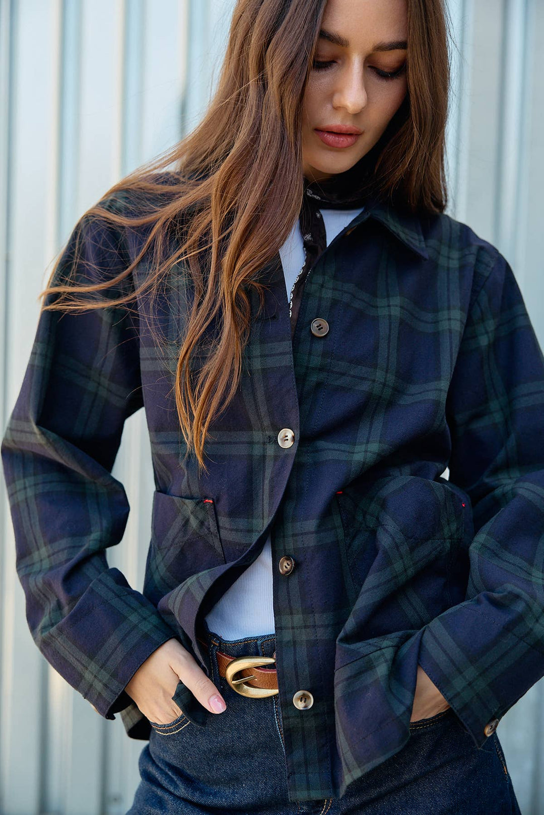 Raisonnel | Navy Plaid Button Front Pocket Jacket