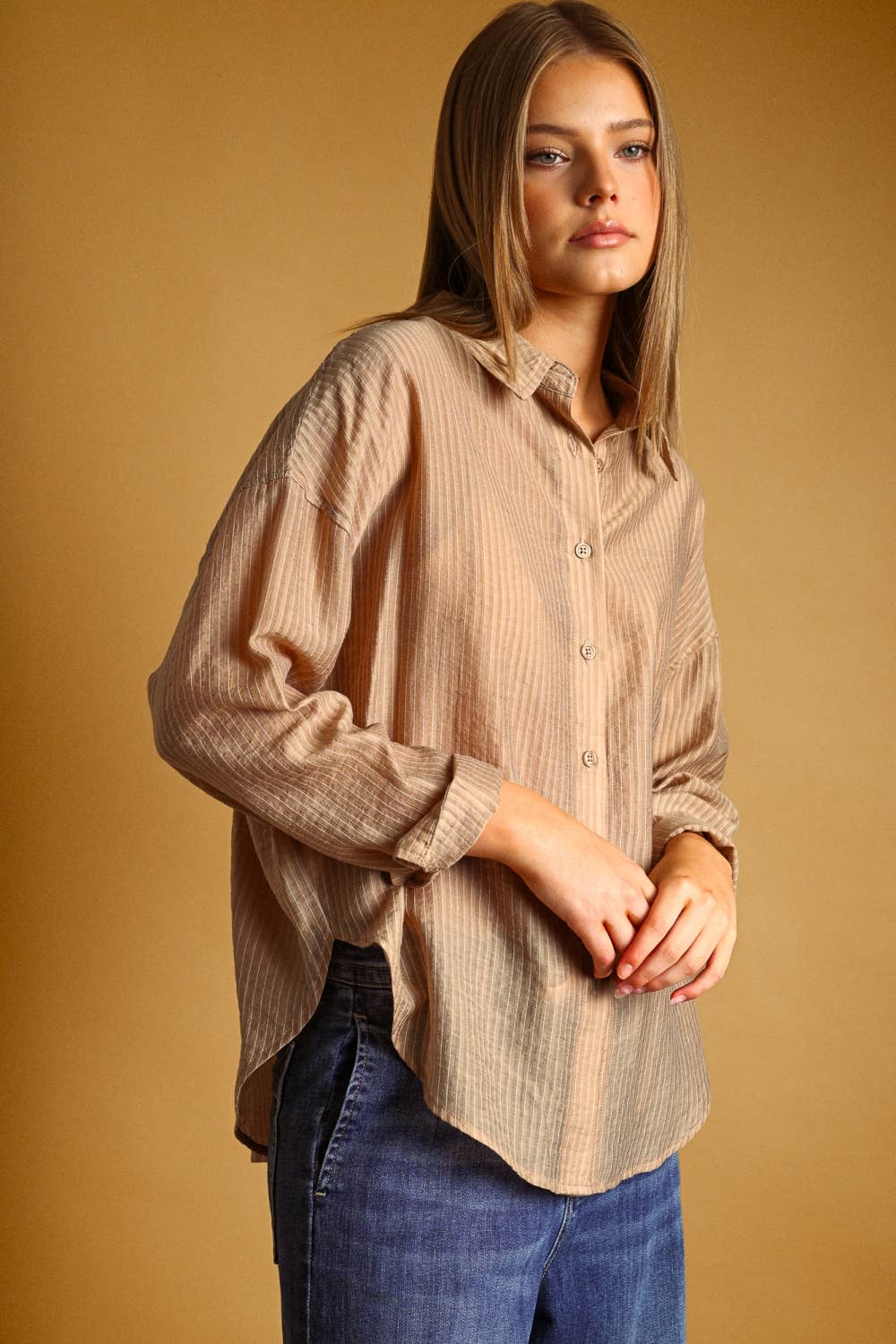 Miou Muse | Pin Striped Sheer Button Front Shirt