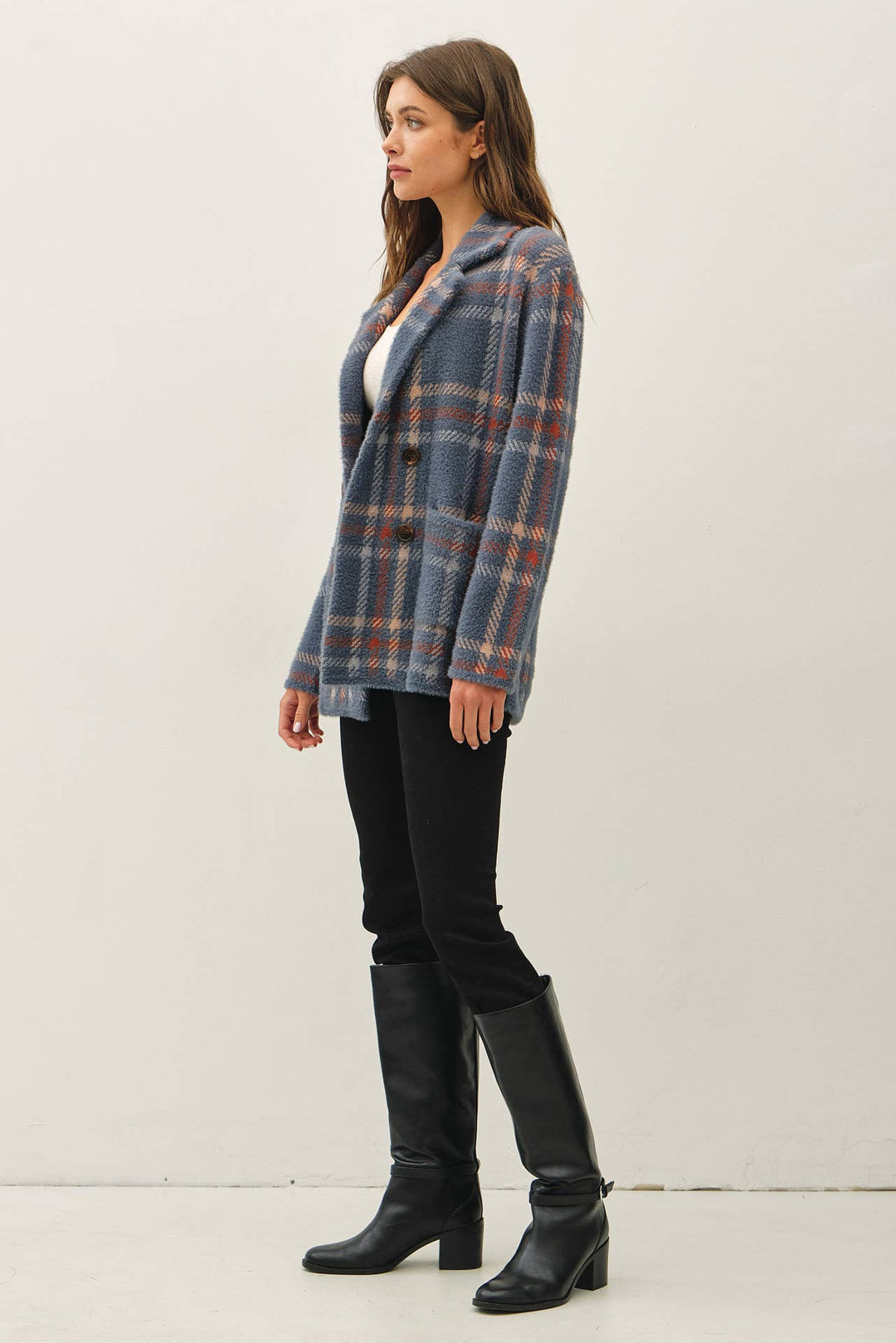Be Cool | Fuzzy Plaid Double Button Jacket