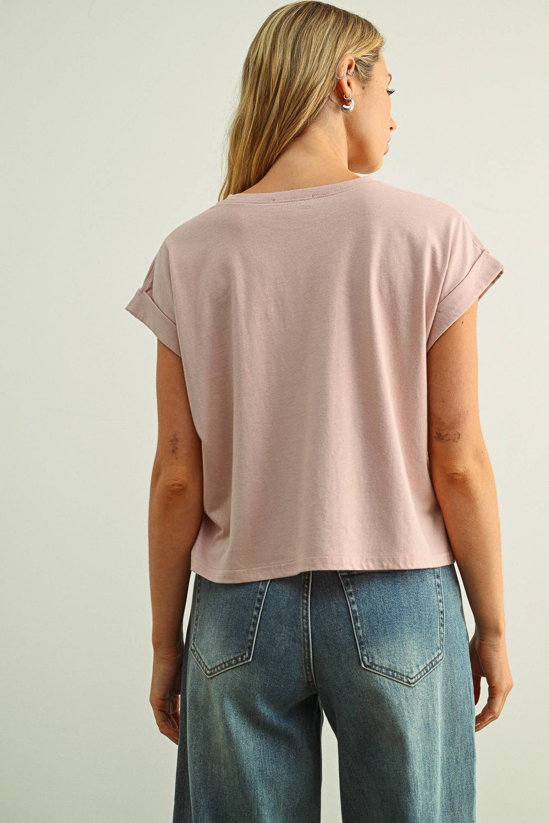 Miou Muse | Round Neck Cuffed Sleeve Top