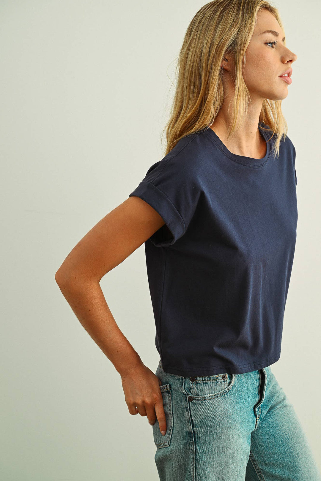 Miou Muse | Round Neck Cuffed Sleeve Top