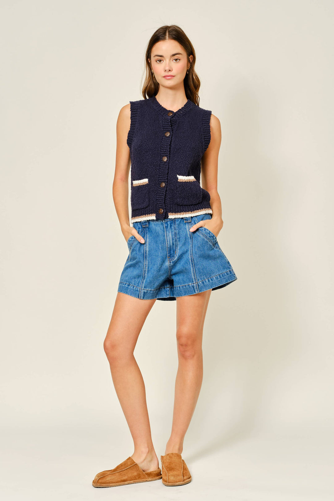 Aaron and Amber | Mid Rise Flare Denim Shorts
