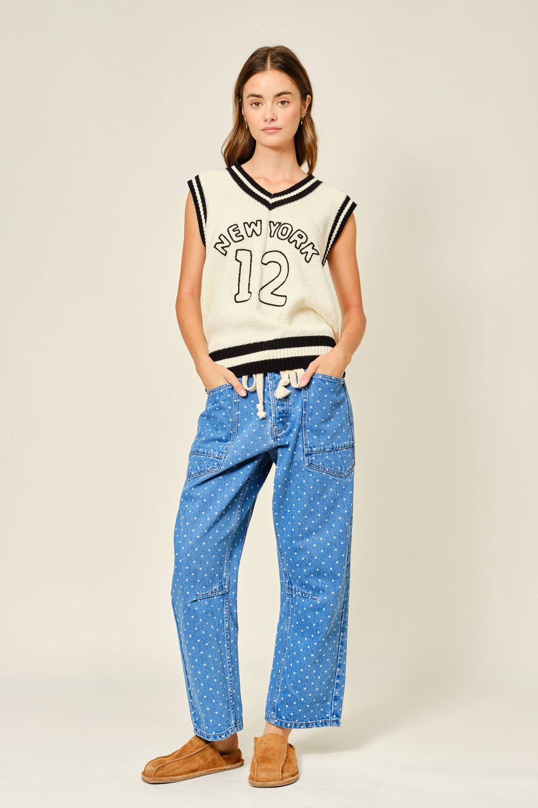 Aaron and Amber | Polka Dot Denim Barrel Pants