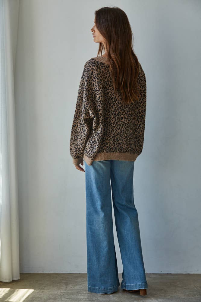 By Together | Knit Sweater V-Neck Animal Print Cardigan