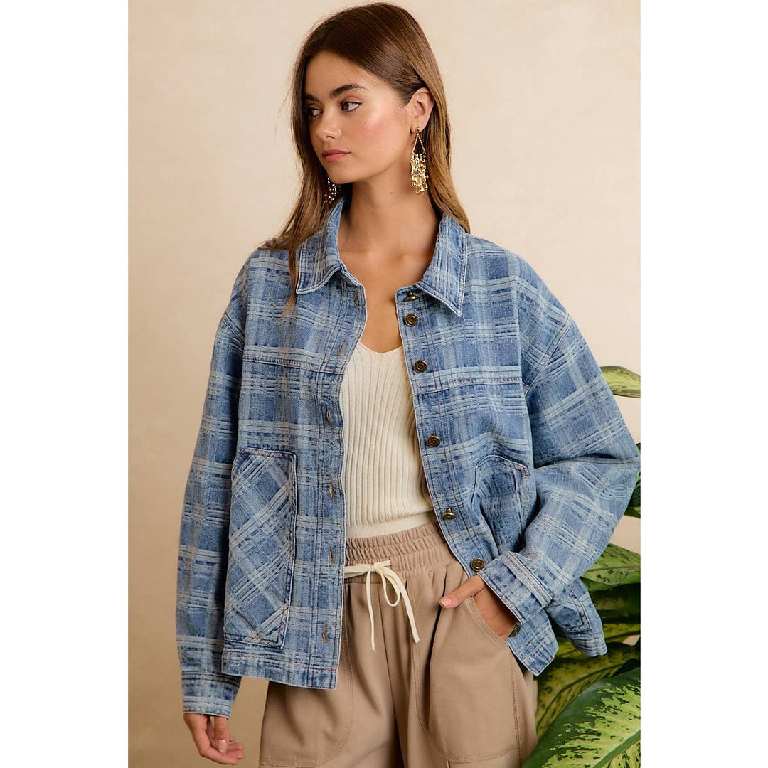 BiBi | Washed Plaid Patterned Denim Jacket With oversized Pockets