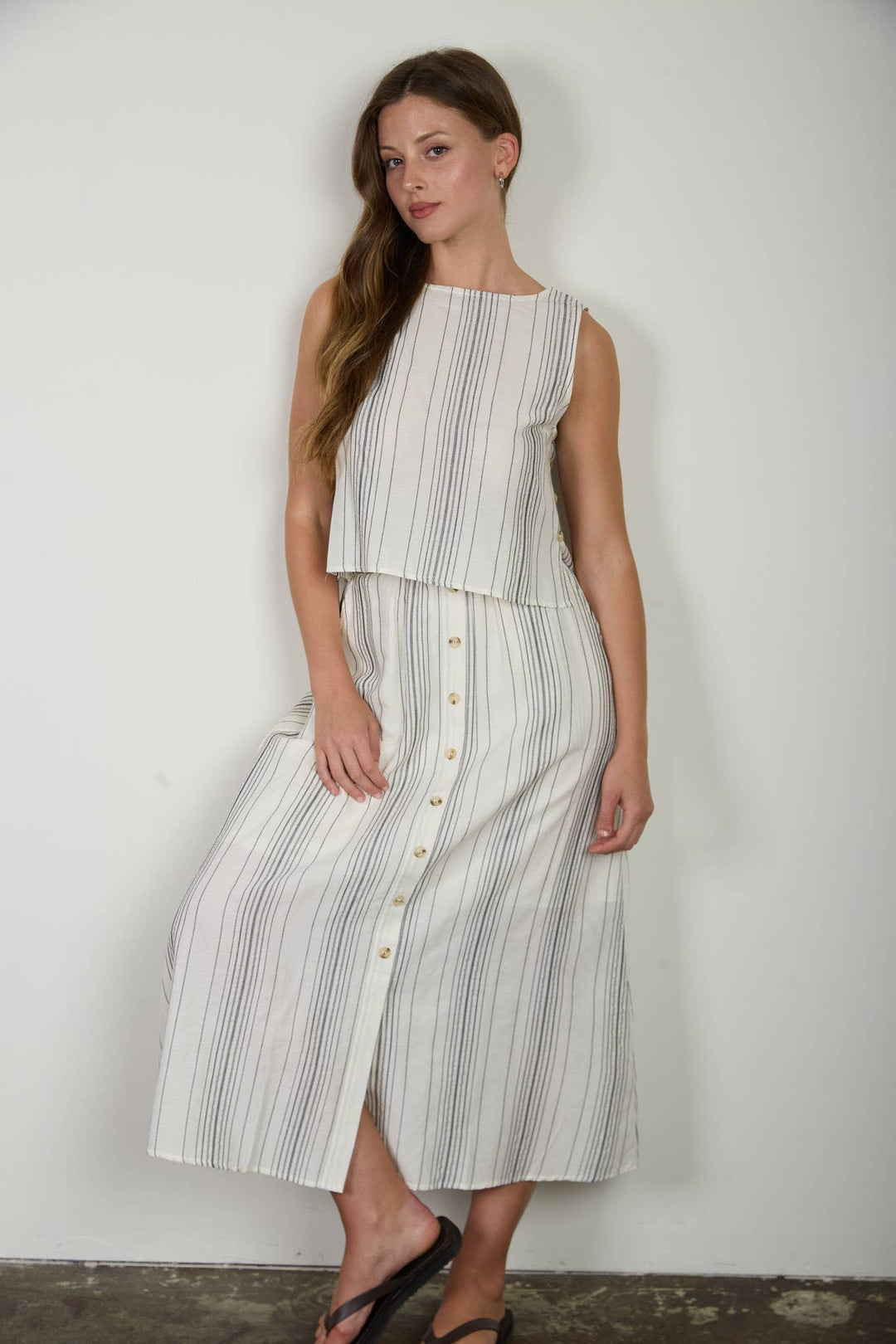 Blu Pepper | Striped Sleeveless Side Button Detail Top