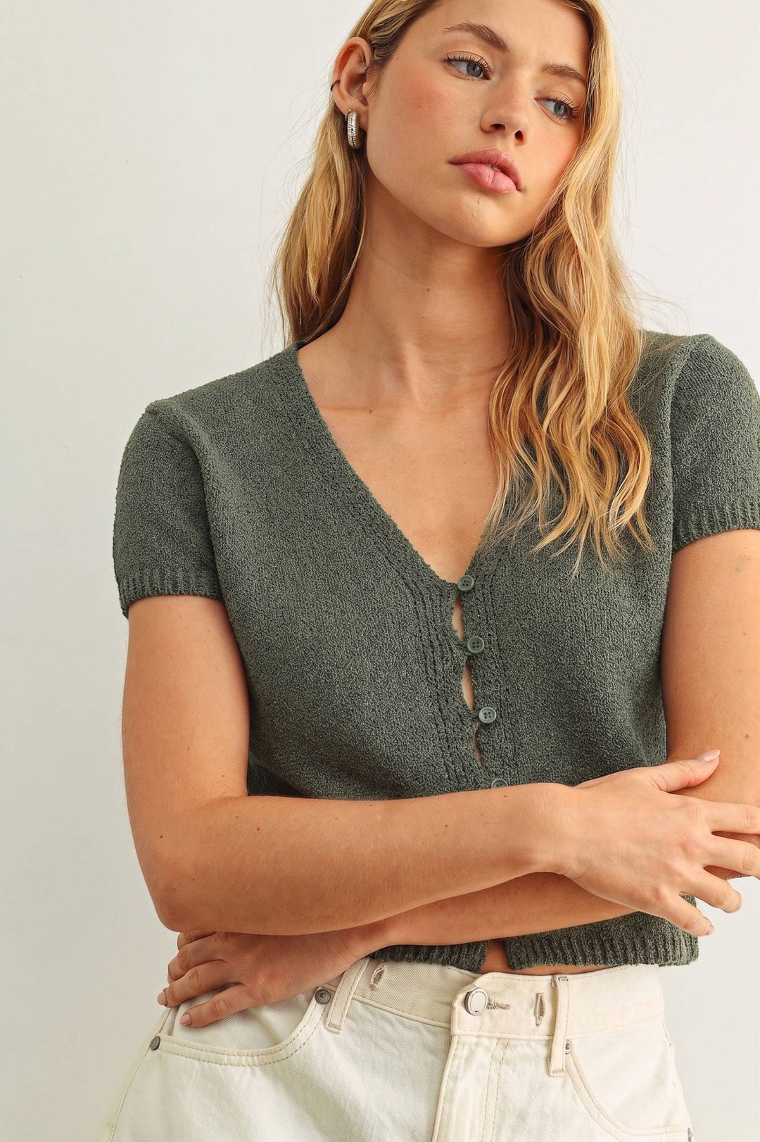 Miou Muse | Cap Sleeve Button Front Top