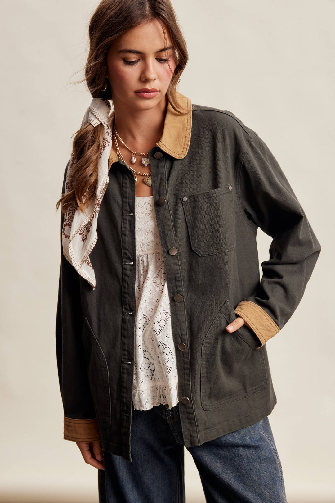 Listicle | Contrast Collar Utility Barn Jacket LJ0271