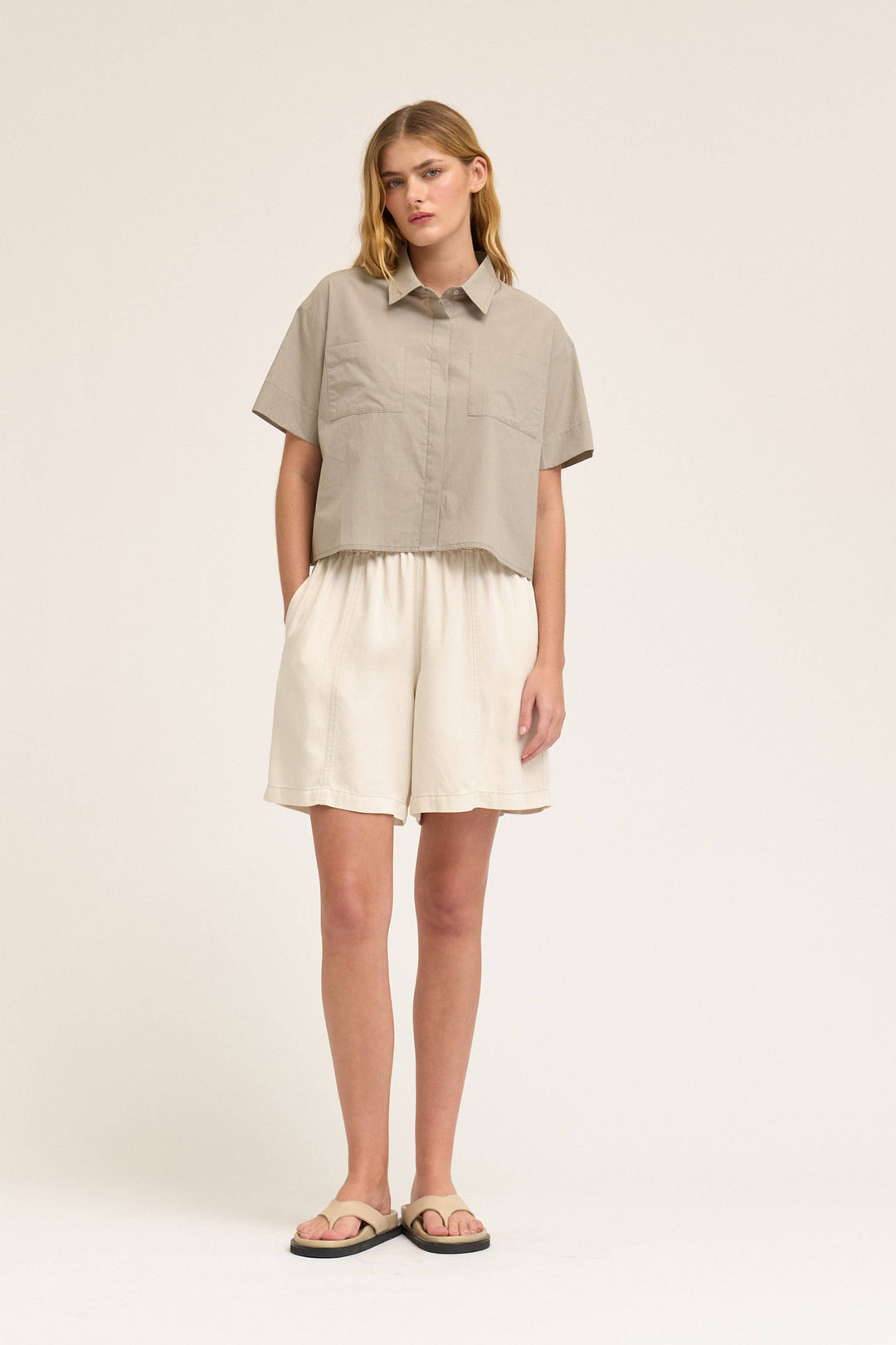 Grade and Gather | Cropped Button Up Shot Sleeve Top 
