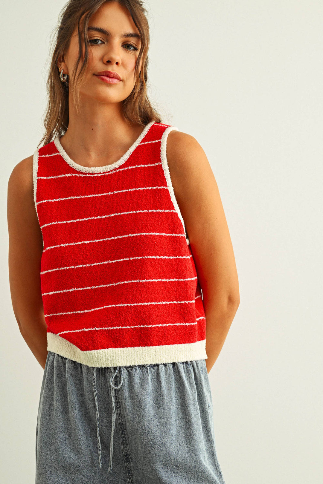 Miou Muse | Short Sleeve Wide Pinstripe Knitted Tank