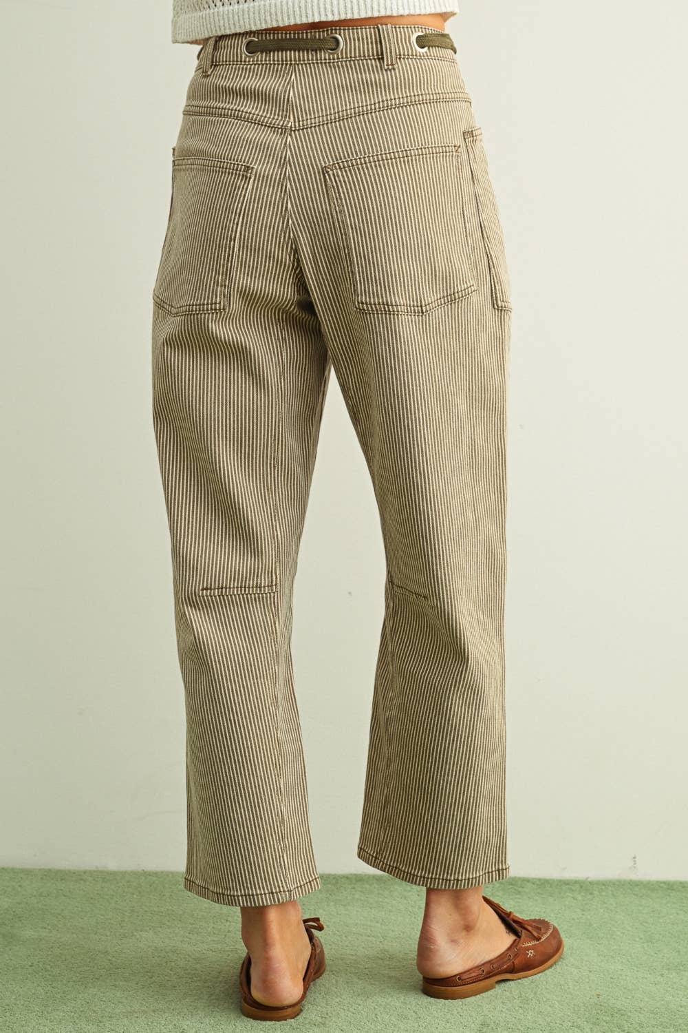 Miou Muse | Striped Pattern Washed Barrel Pants With Tie Belt