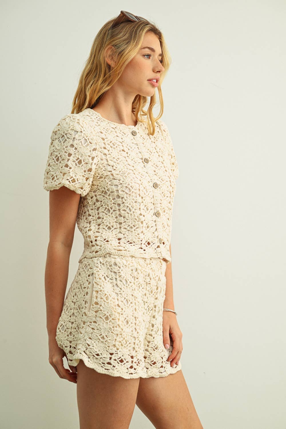 Miou Muse | Crochet Short Sleeve Button Front Top