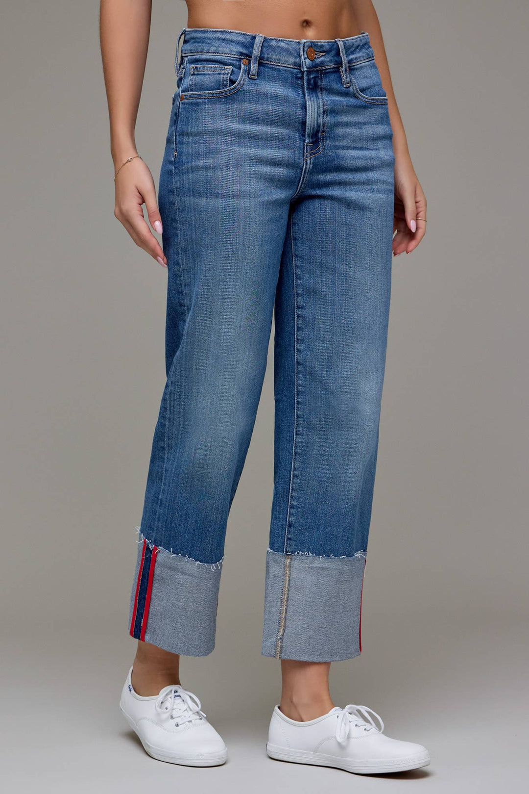 Hidden Jeans | Medium Wash High Rise Cuffed Red Tape Cropped Classic Straight