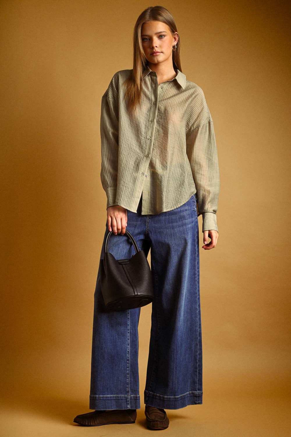 Miou Muse | Pin Striped Sheer Button Front Shirt
