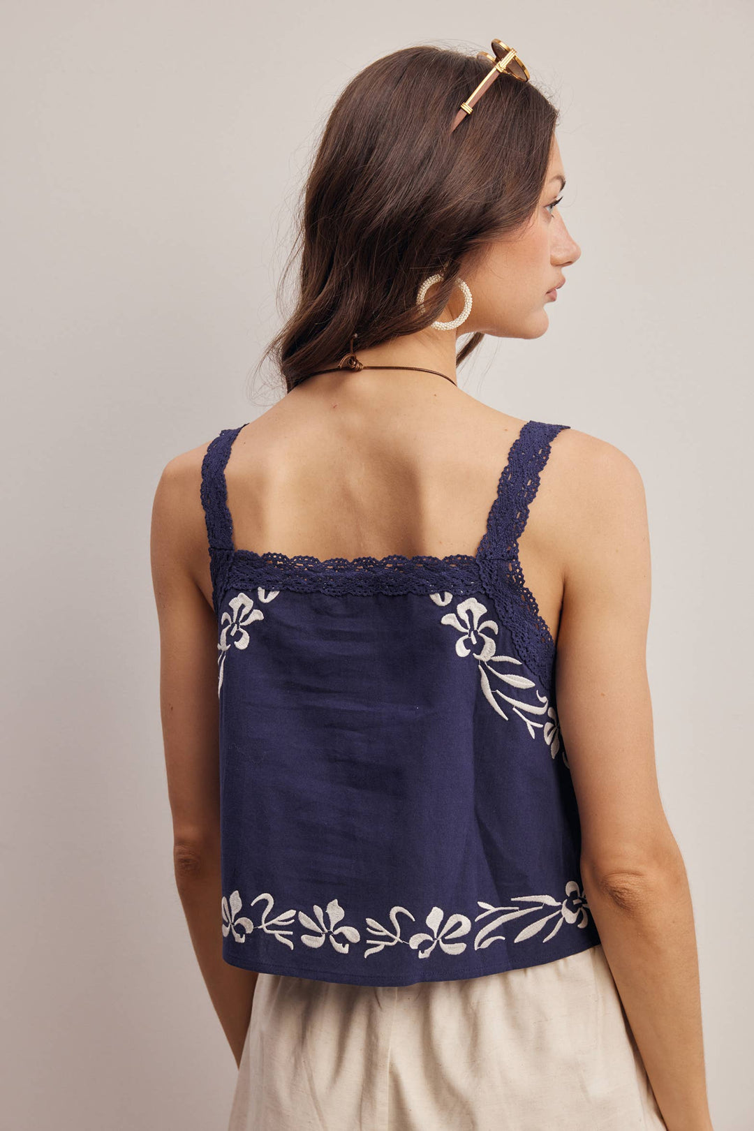 Forte | Embroidered Lace Trim Button Front Tank Top