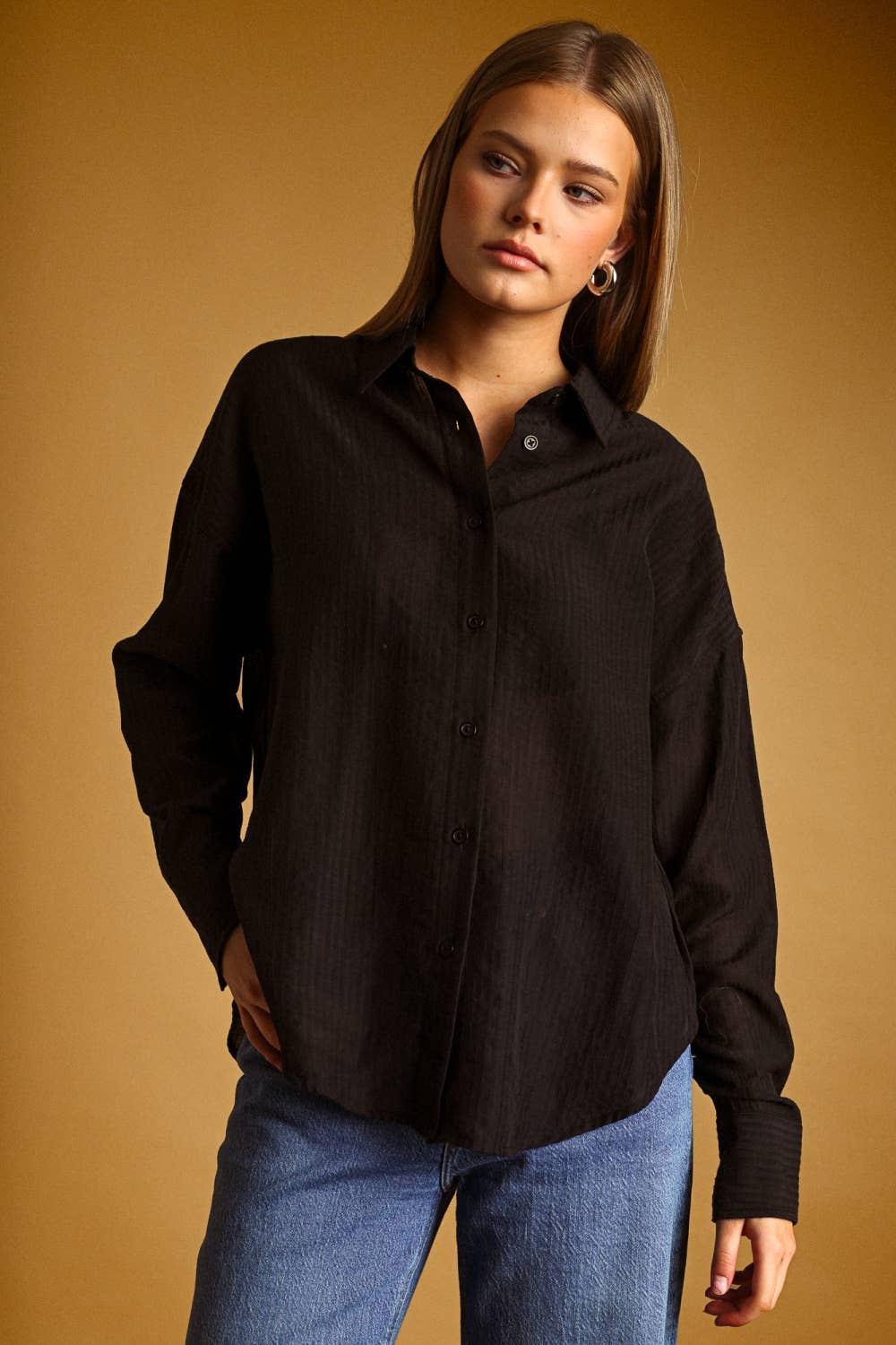 Miou Muse | Pin Striped Sheer Button Front Shirt